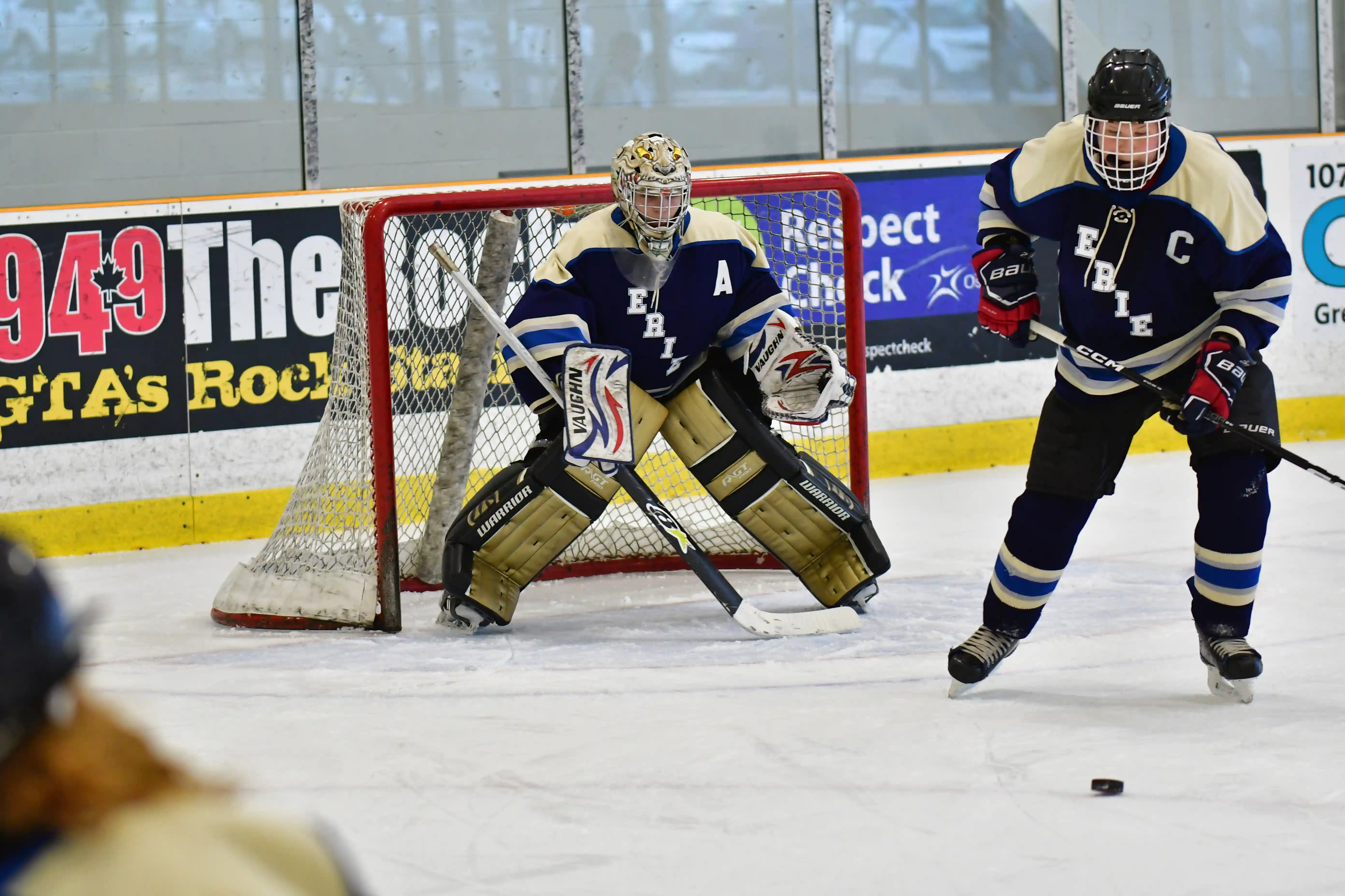 hockey goalie and defenceman mid game